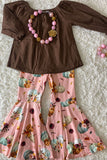 DLH2597 Brown top pumpkin print bell bottom boutique girls clothing sets