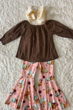 DLH2597 Brown top pumpkin print bell bottom boutique girls clothing sets