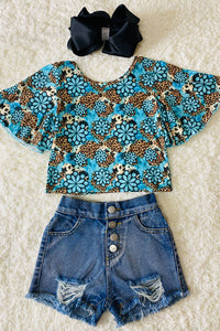 DLH1124-3 Leopard & Floral printed turquoise bell sleeve girls tops