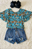 DLH1124-3 Leopard & Floral printed turquoise bell sleeve girls tops