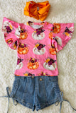 DLH2578 Pink pumpkins & floral print ruffle short sleeve top