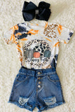 "HAPPY FALL" washed pumpkin girls top DLH2624