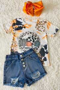 "HAPPY FALL" washed pumpkin girls top DLH2624