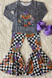 Gray washed checker w/pumpkins 2pc set XCH0333-30H