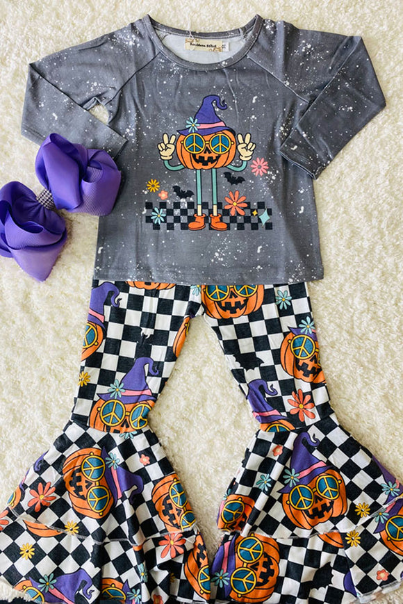 Gray washed checker w/pumpkins 2pc set XCH0333-30H