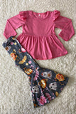 Pink & gray ghost, roses, & pumpkins girls clothing set DLH2666