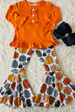 Orange ruffle top w/multi print pumpkins bell bottoms girls clothing set XCH0010-16H