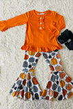 Orange ruffle top w/multi print pumpkins bell bottoms girls clothing set XCH0010-16H