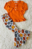 Orange ruffle top w/multi print pumpkins bell bottoms girls clothing set XCH0010-16H