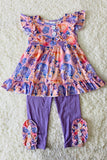 Floral & pumpkin printed cap sleeve top bottom girls clothing sets 1181WY