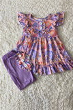 Floral & pumpkin printed cap sleeve top bottom girls clothing sets 1181WY