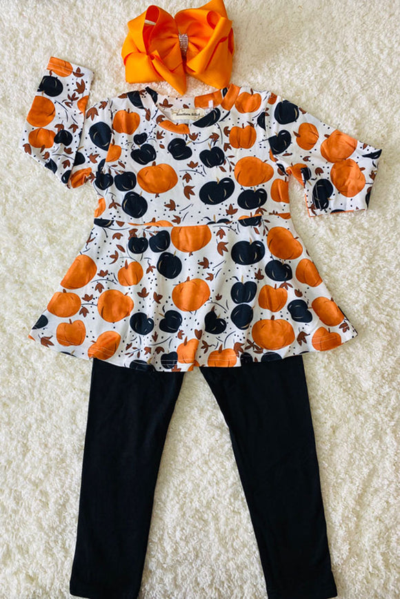 Orange & black pumpkins top black pant kids clothing set XCH0013-7H