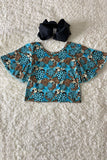 DLH1124-3 Leopard & Floral printed turquoise bell sleeve girls tops