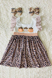 DLH2439 Wholesale Halloween pumpkin embroidery striped leopard print girls dress