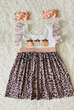 DLH2439 Wholesale Halloween pumpkin embroidery striped leopard print girls dress