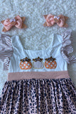 DLH2439 Wholesale Halloween pumpkin embroidery striped leopard print girls dress