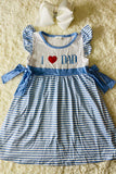 1131WY I love DAD embroidery blue striped ruffle sleeve girls dress