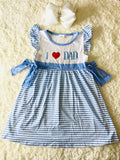 1131WY I love DAD embroidery blue striped ruffle sleeve girls dress