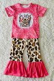 12172MZ Wild Child Cow printed pink short sleeve top bell bottom girls sets wholesale