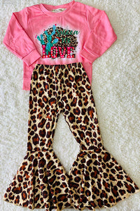 XCH0015-8H Cactus & leopard printed top leopard bell bottom girls sets wholesale