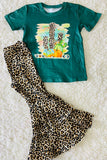 DLH2576 Leopard cactus & pumpkin prints top bell bottom girls outfit sets wholesale