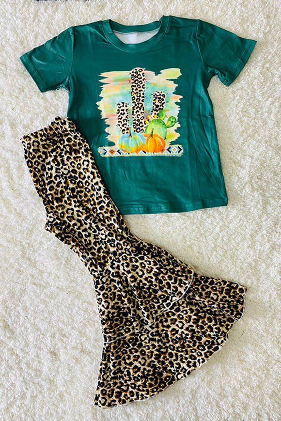Leopard cactus & pumpkin prints top bell bottom girls outfit sets DLH2576 A4S3