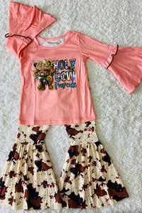 XCH0013-15H HOLY COW I'm cute cow printed top & bell bottom girls clothing sets wholesale