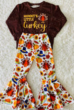 XCH0015-2H MOMMY'S LITTLE turkey brown top bell bottom kids outfit sets wholesale