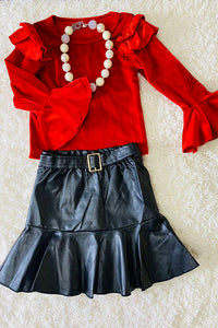 DLH2635 Red velvet ruffle sleeve top & leather skirt girls outfit sets wholesale