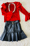 DLH2635 Red velvet ruffle sleeve top & leather skirt girls outfit sets wholesale