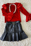 DLH2635 Red velvet ruffle sleeve top & leather skirt girls outfit sets wholesale