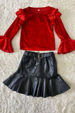 DLH2635 Red velvet ruffle sleeve top & leather skirt girls outfit sets wholesale