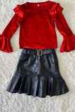 DLH2635 Red velvet ruffle sleeve top & leather skirt girls outfit sets wholesale