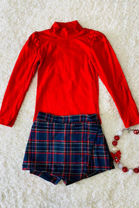 DLH2701 Red long sleeve top green/blue/red plaid skirt/shorts girls clothing sets wholesale