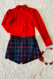 DLH2701 Red long sleeve top green/blue/red plaid skirt/shorts girls clothing sets wholesale