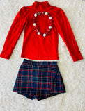 DLH2701 Red long sleeve top green/blue/red plaid skirt/shorts girls clothing sets wholesale