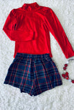 DLH2701 Red long sleeve top green/blue/red plaid skirt/shorts girls clothing sets wholesale