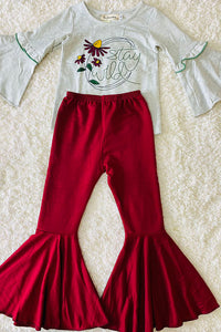 XCH0015-17H Stay wild grey top burgundy bell bottoms girls outfit sets wholesale