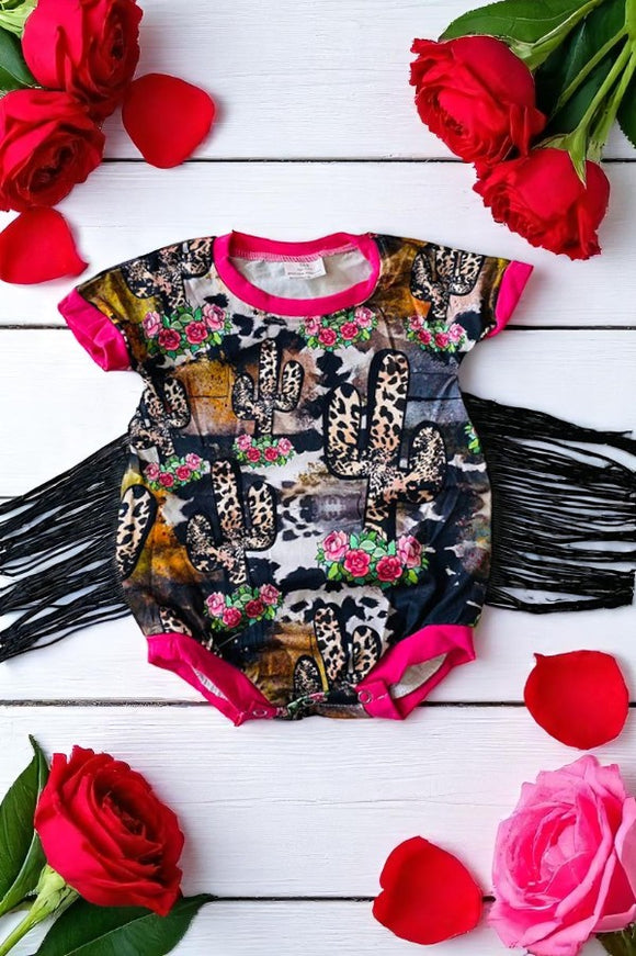 Western girls leopard cactus & floral prints baby romper with tassels 1116WY