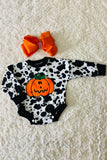 DLH2579 Pumpkin patch embroidery cow prints Halloween girls rompers wholesale