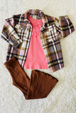 DLH2673 Colorful plaid fleece long sleeve girls shirts wholesale