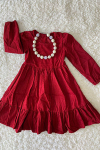 DLH2570 Solid red Long sleeve swirl girls dress wholesale