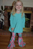 XCH0024-2H Turquoise long sleeve top pink jewel prints pant girls outfit sets