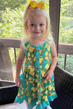 XCH0888-8H Turquoise yellow lemons printed girl dress w/pockets (A2S1)