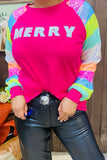 XCH15545 MERRY & Multi color sequin long sleeve fuchsia women top