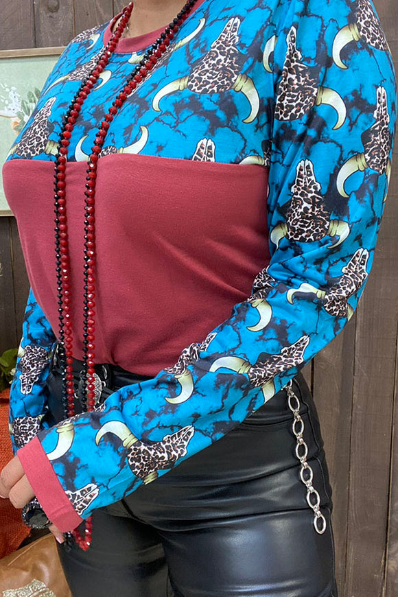 GJQ9883 Wholesale leopard bull head printed & rust red long sleeve women top (AS10)