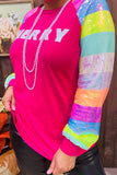 XCH15545 MERRY & Multi color sequin long sleeve fuchsia women top