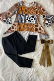 XCH0024-4H Animal prints high-low top black legging girls outfit sets wholesale