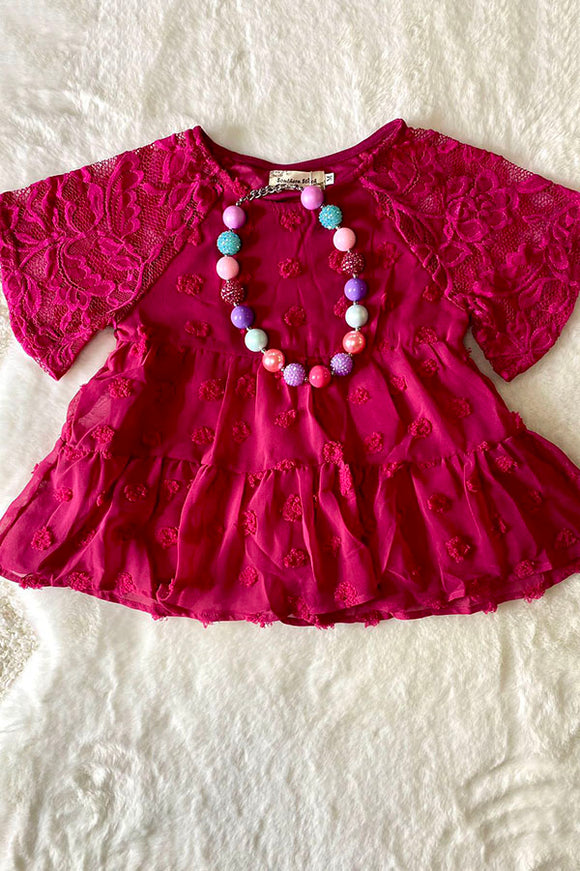 BQ2402 Mom and Me polka dot fuchsia baby doll girls top w/lace raglan sleeve