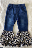 206037M Dark blue denim w/leopard flare bell bottoms girls jeans